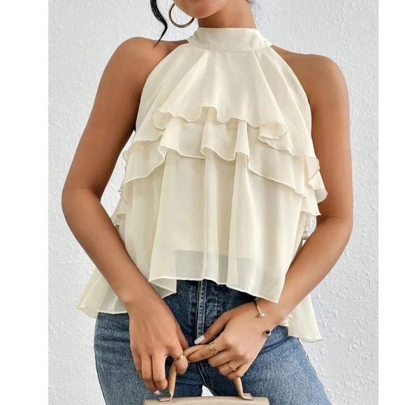 Halter Neck Ruffled Cake Chiffon Blouse - Picture 3 of 5